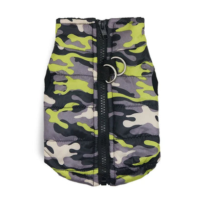 Warm Polyester Padded Geometric Mediterranean Pink Green Camouflage Service Dog Harness Vest Pet Winter Coat