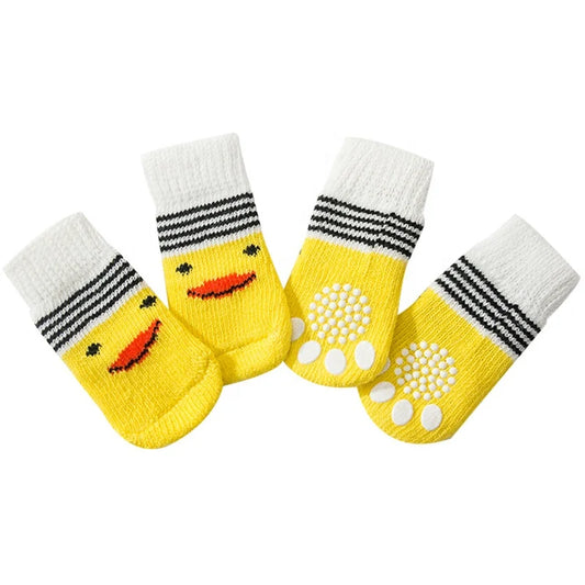 Cute Cartoon Duck Paw Anti-Slip Rubber Dog Socks Fashion Style Waterproof Pet Sock Shoes with Grip Knitted Animal Pattern