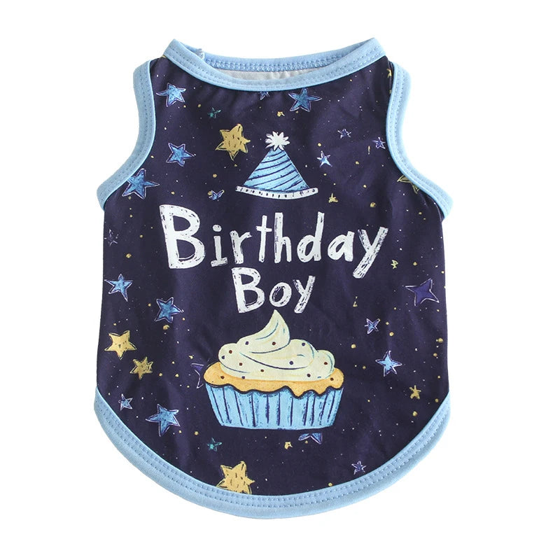 Birthday Pet T-Shirt for Small Dogs Cats-Lightweight Polyester Breathable Summer Clothing Birthday Boy/Girl Striped Cupcake