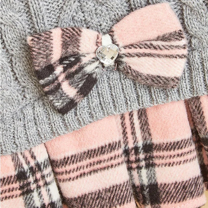 Cute Acrylic Knitted Dog Sweater Skirt Mock Two-Piece Set Pet Dress for Dogs Cats Winter Leisure Fashion Bow Tie Gray White