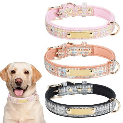 GorisPet Luxury Dog Collar Custom Engraving Double D-Rings Hanging Accessories Space Cotton Lining PU Material Plaid Pattern