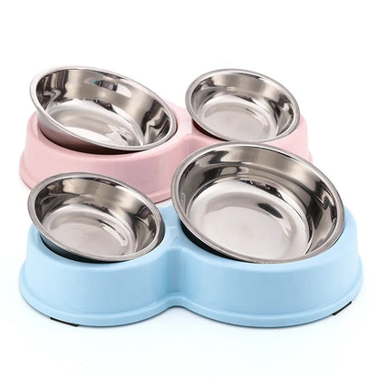 Anti-Skid Double Bowls Pet Smart Feeder Small Large Rounded Stainless Steel Waterproof Solid Pattern Reptiles Food Bowl