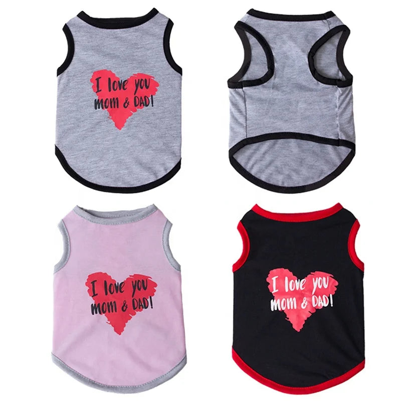 Pet Dog Vest 'I Love You Mom Dad' Printed Cotton-Polyester Tank Top Cute Heart Design Comfortable Modern Simple Small