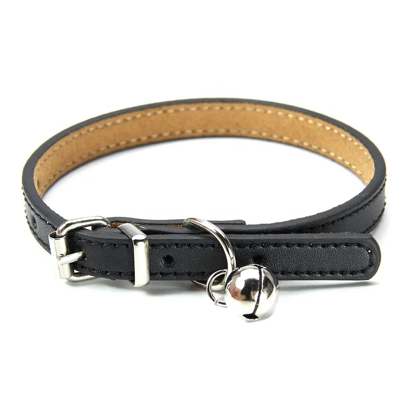 Adjustable Genuine Leather Cat and Dog Collars with Small Bell High Quality in Solid Color 6 Sizes Available