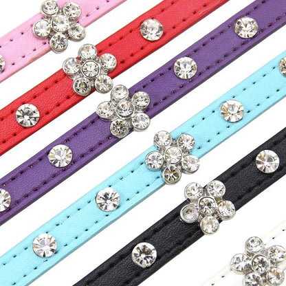 Modern Luxury Cat Collar for Small Dogs Elegant Bling-bling Rhinestone Cute Flower Decoration Solid Pattern Made of PU