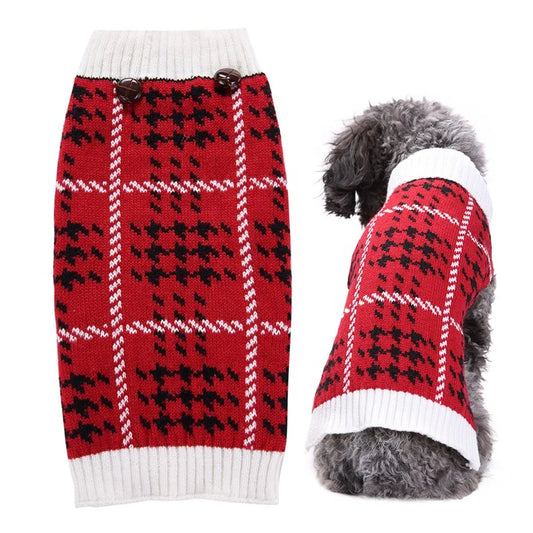 Cute Dog Sweater Red Houndstooth Knit Coat White Ribbed Trim Leisure Modern Design Winter Jumpers Outfit Small Dogs Acrylic Warm