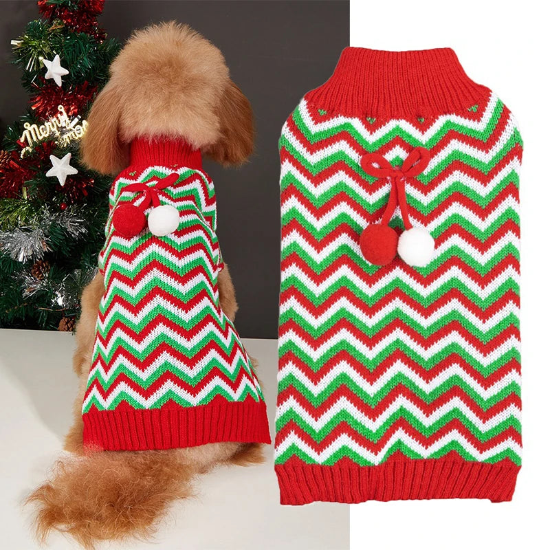 Festive Christmas Pet Sweaters Cute Pom Snow Patterned Winter Knitwear for Dogs and Cats XS Size