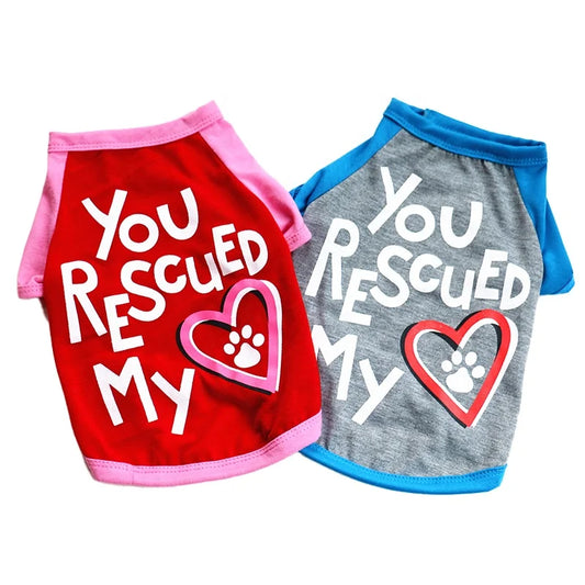 Cute Polyester Dog Summer Vest with Print Small Pet Clothes Featuring Lettering "YOU RESCUED MY HEART" for Spring Season