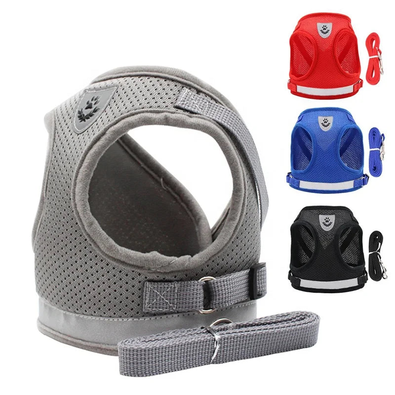 Custom Logo Dog Harness Set with Breathable Mesh & Reflective Strip Polyester Plaid Pattern Fur Decoration Leash