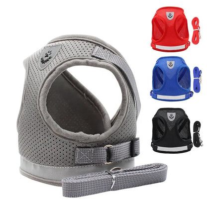 Custom Logo Dog Harness Set with Breathable Mesh & Reflective Strip Polyester Plaid Pattern Fur Decoration Leash