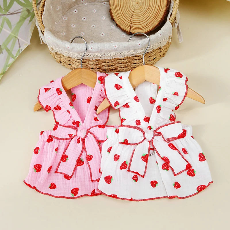Super Cute Modern Valentine's Day Pink White Spring Strawberry Pattern Polyester Cotton Summer Lace Dog Bowknot Leash Ring