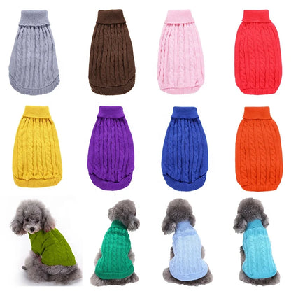 Solid Color High-Neck Cable Knit Eco-Friendly Pet Sweater Warm Autumn/Winter Pullover Dogs Cats 12 Vibrant Hues Simple Soft