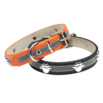Modern Solid Reflective PU Dog Collar Paw Print Decor Durable Adjustable Pet Dogs Night Safety Design Reflective Strip
