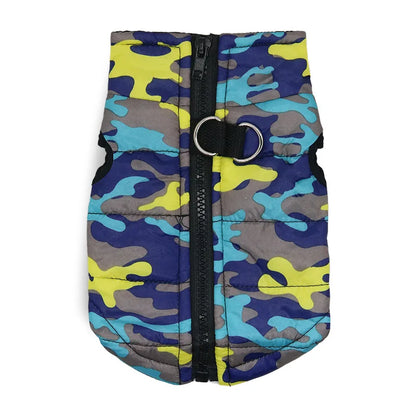 Warm Polyester Padded Geometric Mediterranean Pink Green Camouflage Service Dog Harness Vest Pet Winter Coat