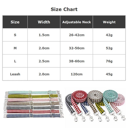 Adjustable Durable Luxury Cotton Linen Dog Collar Leash Set Houndstooth Pattern Buckle Closure Spot Clean Pet Accessories for