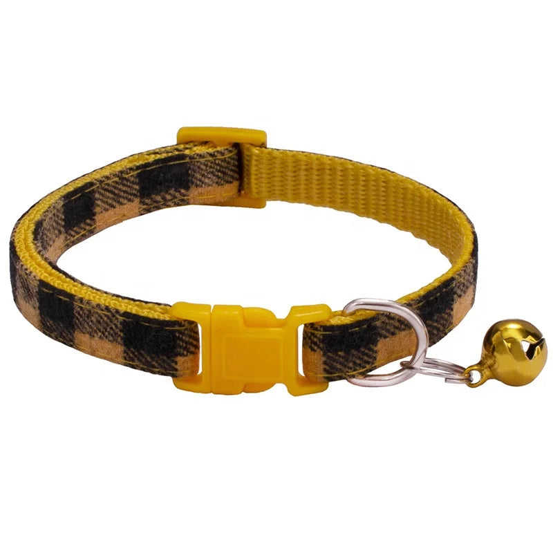 High Quality Adjustable Nylon Dog Collar Classic Plaid Design with Colorful Bell for Small Pets' Training