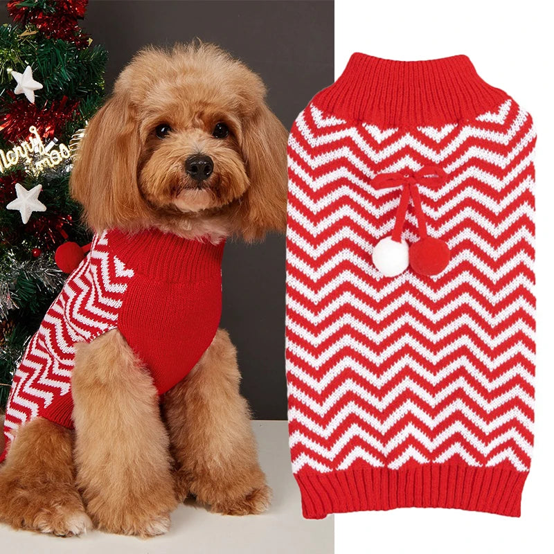 Festive Christmas Pet Sweaters Cute Pom Snow Patterned Winter Knitwear for Dogs and Cats XS Size
