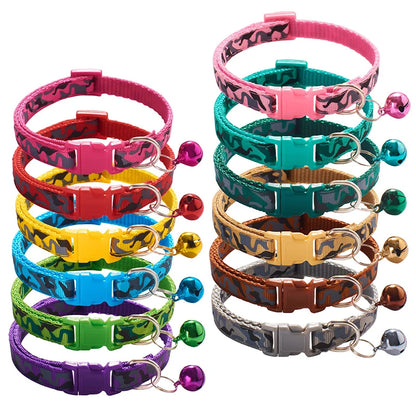 Camouflage Print Tactical Dog Cat Collar-Colorful Nylon Safety Buckle Bell Adjustable Training Ribbons 12 Colors Available All