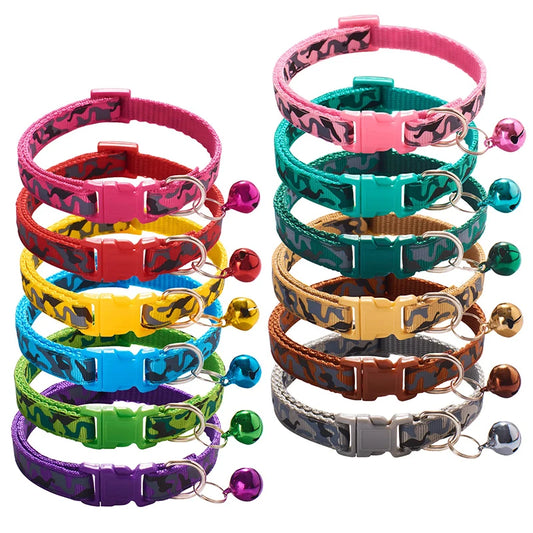 Camouflage Print Tactical Dog Cat Collar-Colorful Nylon Safety Buckle Bell Adjustable Training Ribbons 12 Colors Available All