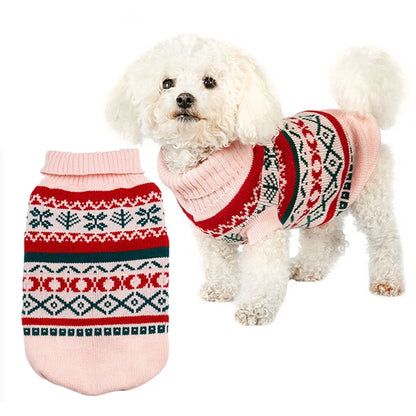 Christmas Fair Isle Pattern Eco-Friendly Acrylic Dog Sweater Pink Turtleneck Pullover Geometric Print Warm Winter Clothes for