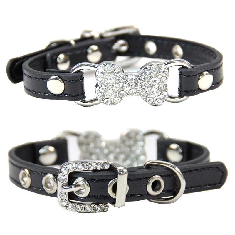 Luxury Rhinestone Bone Charm PU Leather Adjustable Soft Dog & Cat Collar Buckle Closure Multiple Colors All Seasons