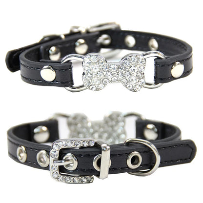 Luxury Rhinestone Bone Charm PU Leather Adjustable Soft Dog & Cat Collar Buckle Closure Multiple Colors All Seasons