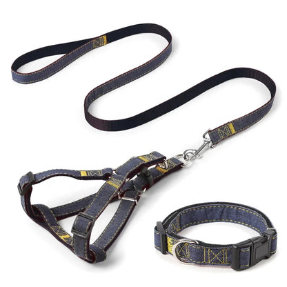 Premium Quality Durable Denim Dog Leash Harness Set Stylish Fur Collar Simple Design Small Medium Sizes for Cats Furry Friends