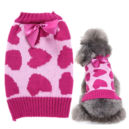 Super Cute Eco-Friendly Small/XS Size Pink Bowknot Sweet Heart Dog Winter Sweater Animal Pattern Pet Apparel Valentine's Day