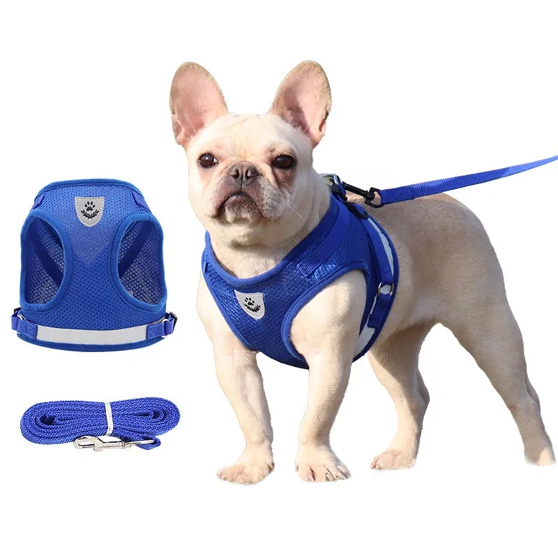 Custom Logo Dog Harness Set with Breathable Mesh & Reflective Strip Polyester Plaid Pattern Fur Decoration Leash