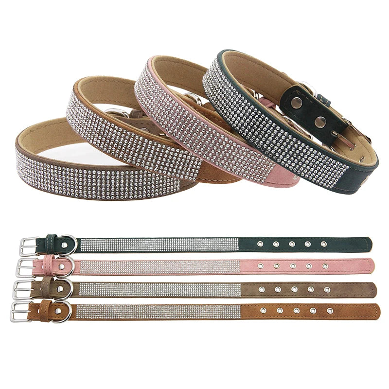 Elegant Solid Retro Suede Rhinestone Dog Collar with D-Ring Durable PU Leather Adjustable Buckle for Cats & Dogs