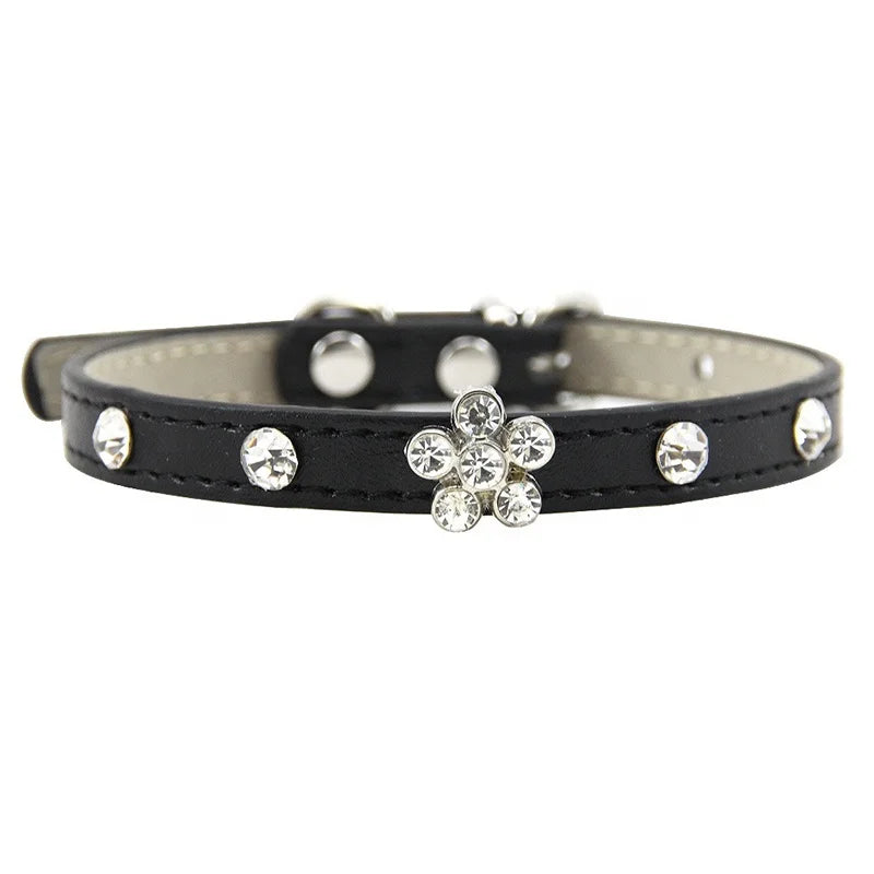 Modern Luxury Cat Collar for Small Dogs Elegant Bling-bling Rhinestone Cute Flower Decoration Solid Pattern Made of PU