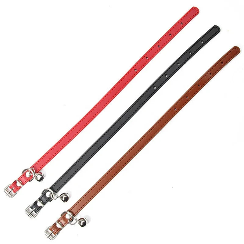 Adjustable Genuine Leather Cat and Dog Collars with Small Bell High Quality in Solid Color 6 Sizes Available