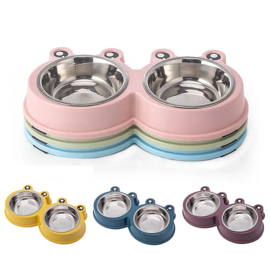 Eco-friendly Small Dog Double Bowls Cute Frog Shape Plastic & Stainless Steel Pet Cat Food Mixing Bowl Water Feeding ODM Supply