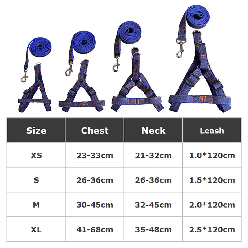 Hot Sale Comfortable & Stylish Denim Pet Harness Leash Collar Set with Buckle Closure-Simple Fashion Design for Dogs All Seasons